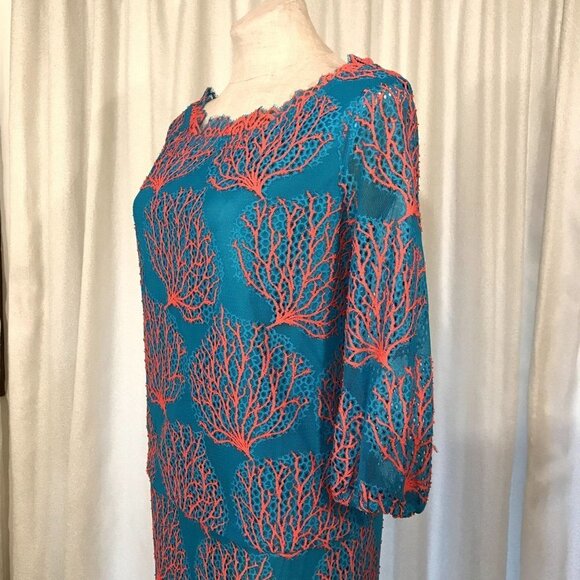 Lilly Pulitzer Cee Cee Dress Blue Snorkel Coral Mesh Lace Size 4 Drop Waist Long - Picture 10 of 15